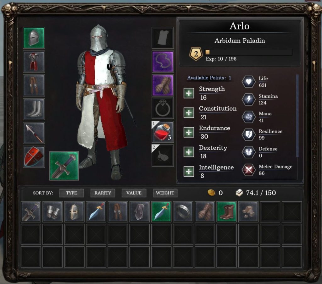 Personnage de jeu vidéo nommé Arlo, un Paladin de niveau 2, affichant des statistiques et des compétences sur son écran de profil, avec une armure métallisée et une cape rouge.