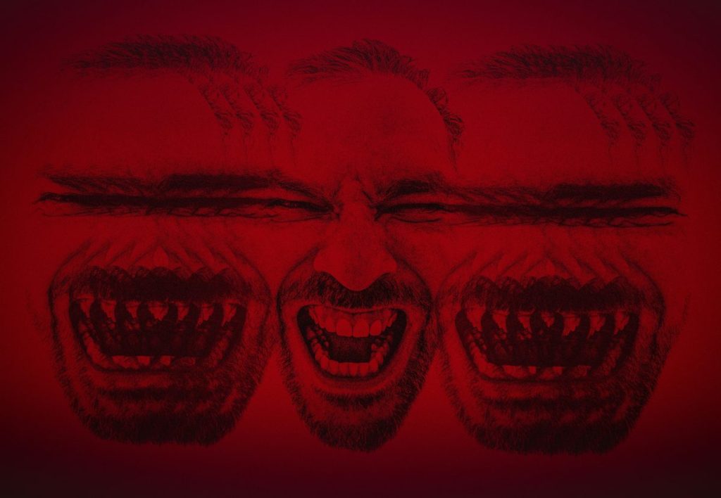 Image stylisée de trois visages humains hurlant, sur un fond rouge, créant une ambiance intense et expressive.