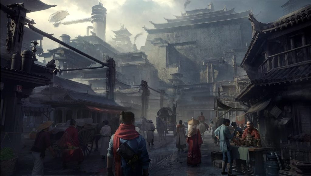 Une scène animée d'un marché dans une ville ancienne, avec des bâtiments traditionnels et des personnes interagissant, des vendeurs proposant des produits, le tout dans une atmosphère brumeuse.