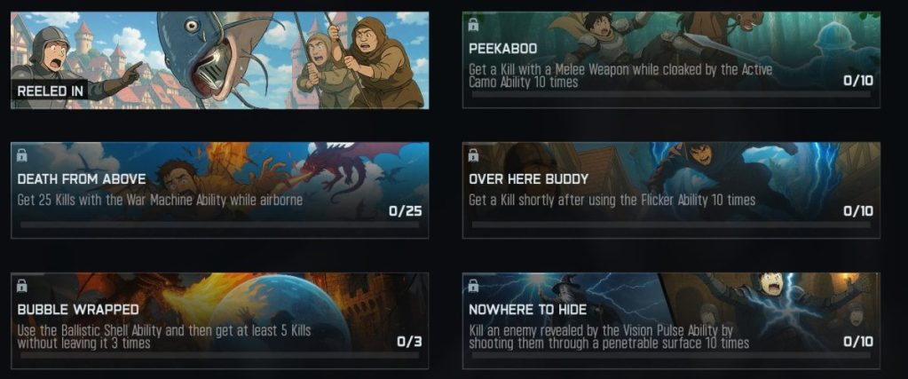 Une interface de jeu montrant des défis avec des illustrations colorées et des descriptions de missions.