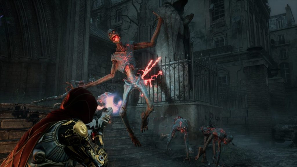 Un personnage en armure vise une créature monstrueuse dans un décor sombre et gothique, avec des statues et des bâtiments en arrière-plan.