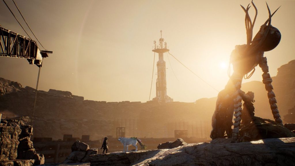 Un paysage désertique avec un coucher de soleil, où se trouvent un personnage humanoïde et un animal près de structures futuristes.