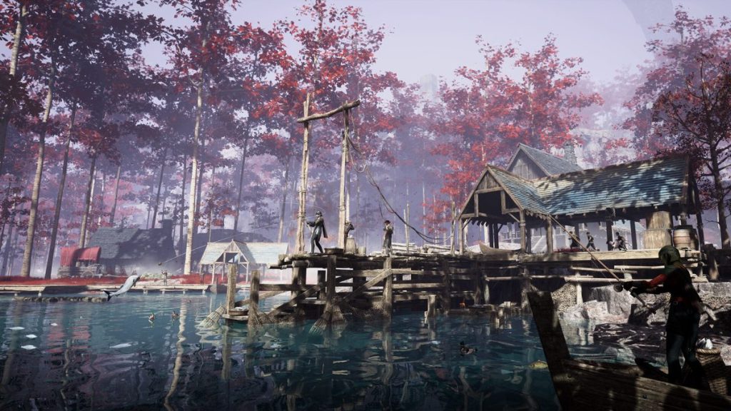 Un quai en bois au bord d'un lac, entouré d'arbres à feuilles rouges, avec des personnages interagissant sur la plateforme et un pêcheur dans un petit bateau.