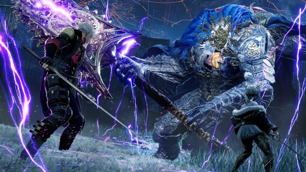 Un personnage armé se bat contre un monstre géant au milieu d'une scène électrique et dramatique.