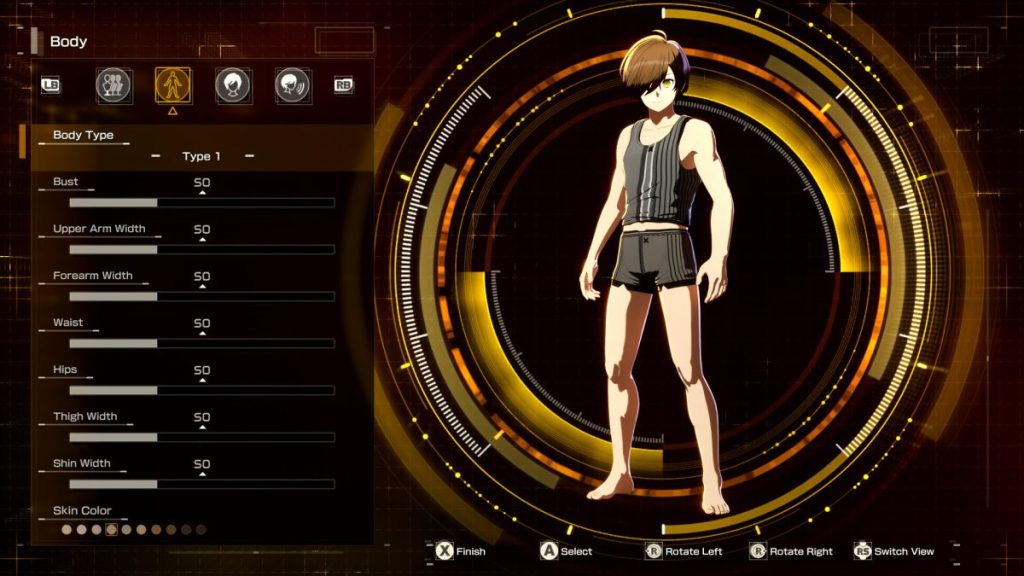 Image d'un personnage de jeu vidéo dans un menu de personnalisation du corps, affichant des options pour modifier le type de corps et les dimensions corporelles.