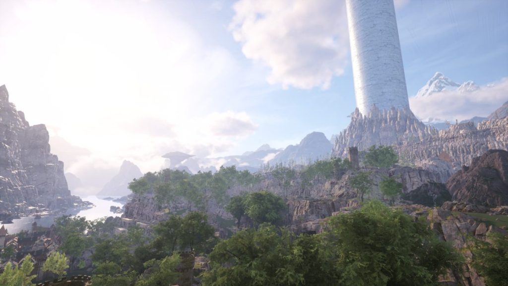 Paysage fantastique avec une grande tour au loin, entourée de montagnes et de verdure.