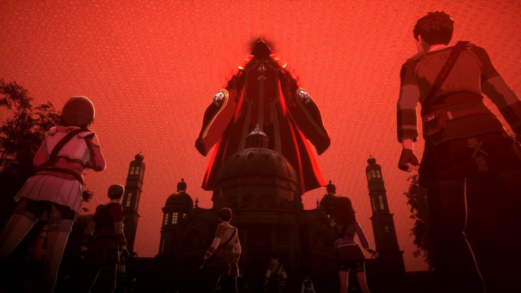 Un groupe de personnages face à une silhouette menaçante sur fond rouge, près d'un bâtiment majestueux.