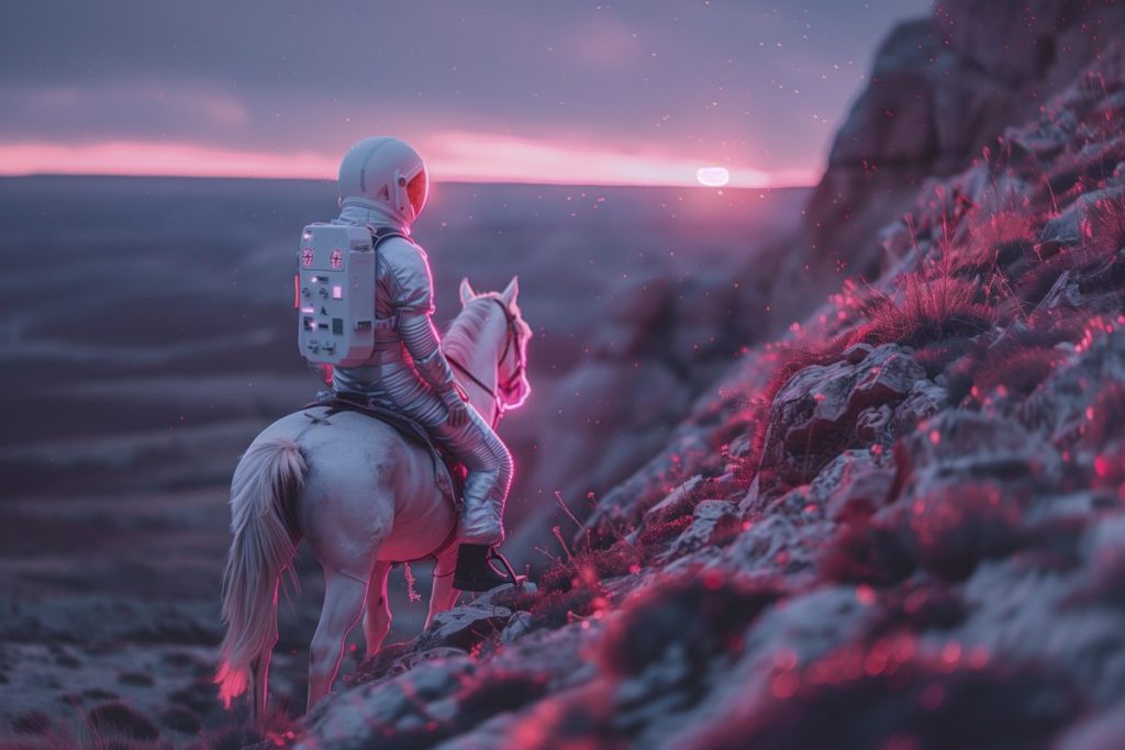 Un astronaute en combinaison spatiale chevauche un cheval blanc sur un paysage montagneux, au crépuscule, avec des lumières roses et une atmosphère surréaliste.