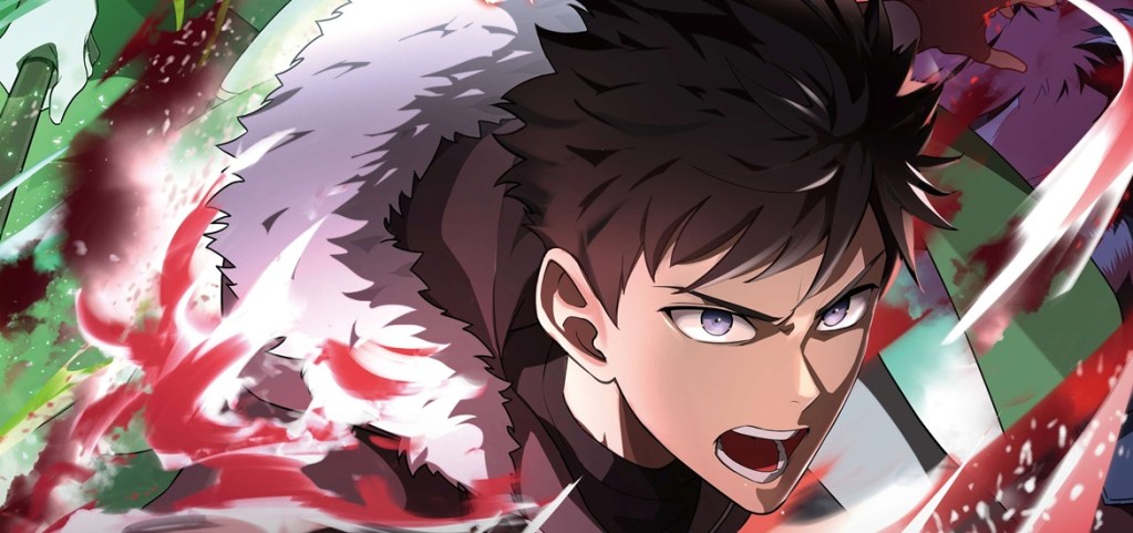 Un personnage animé aux cheveux bruns, criant avec intensité, vêtu d'une tenue avec fourrure blanche, entouré d'effets dynamiques de couleur rouge et verte.