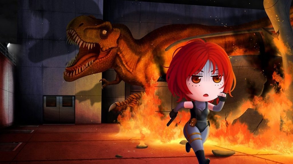 Une illustration d'un personnage de style chibi avec des cheveux roux, courant devant un dinosaure Tyrannosaurus rex qui rugit et des flammes en arrière-plan.