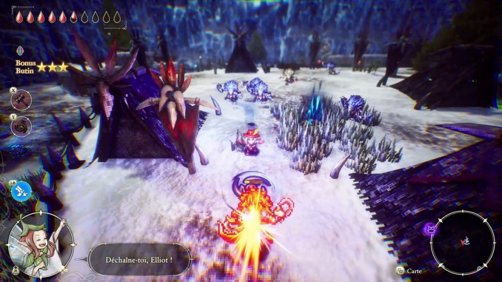 Capture d'écran d'un jeu vidéo se déroulant dans un paysage enneigé, avec des tentes décorées de pointes et des créatures mignonnes. Un personnage lance une attaque, tandis qu'une bulle de dialogue dit 'Déchaîne-toi, Elliot !'