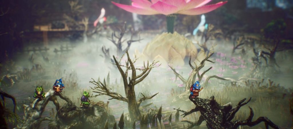Un paysage fantastique avec des personnages miniatures assis sur des branches mortes, entourés de brouillard et d'une grande fleur de lotus au centre.