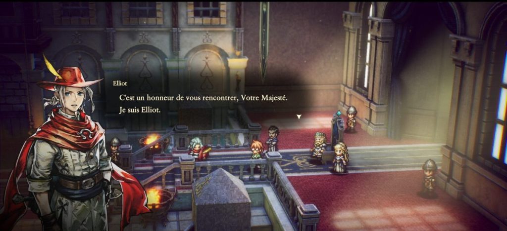 Un personnage nommé Elliot, habillé d'un chapeau rouge et d'une écharpe, s'adresse à une assemblée dans une pièce majestueuse. Il dit : 'C'est un honneur de vous rencontrer, Votre Majesté. Je suis Elliot.' Dans le fond, plusieurs personnages écoutent.