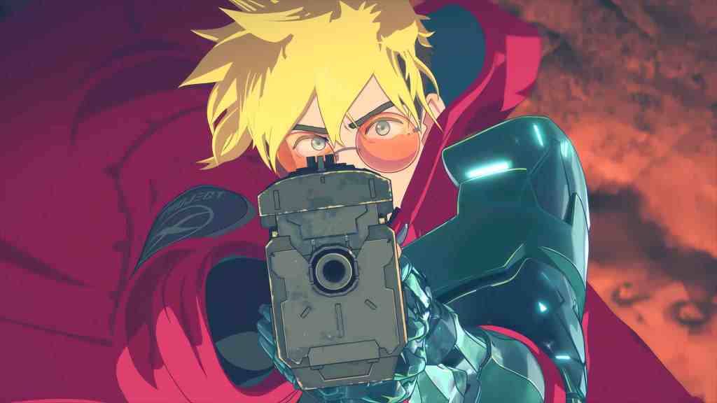 Un personnage de style anime avec des cheveux blonds portant des lunettes de soleil, pointant une arme à feu vers l'avant, vêtu d'une armure et d'une cape rouge sur un fond dynamique.