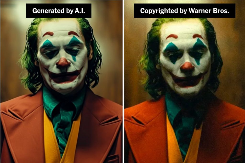 Le personnage de clown connu, avec un maquillage distinctif, vu dans une image générée par intelligence artificielle sur la gauche et une version protégée par des droits d'auteur de Warner Bros à droite.