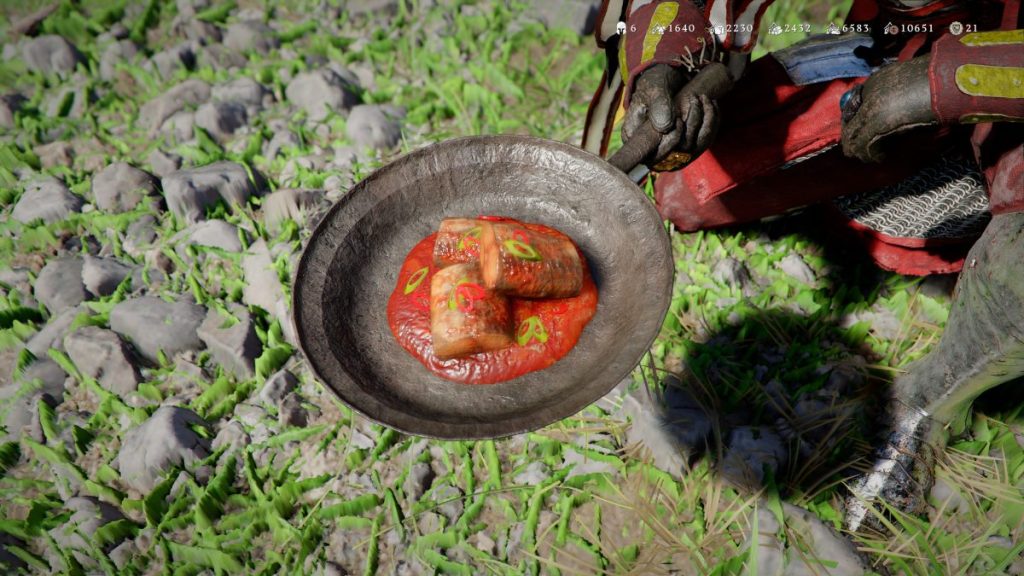 Un plat en métal contenant de la viande avec une sauce rouge et des légumes, posé sur un sol herbeux et rocheux.