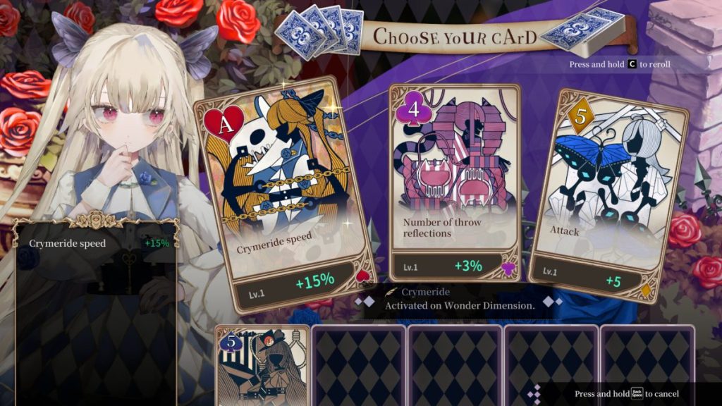 Écran de jeu montrant un personnage avec des cheveux clairs, tenant un livre, et trois cartes à choisir, chacune avec des caractéristiques et niveaux.