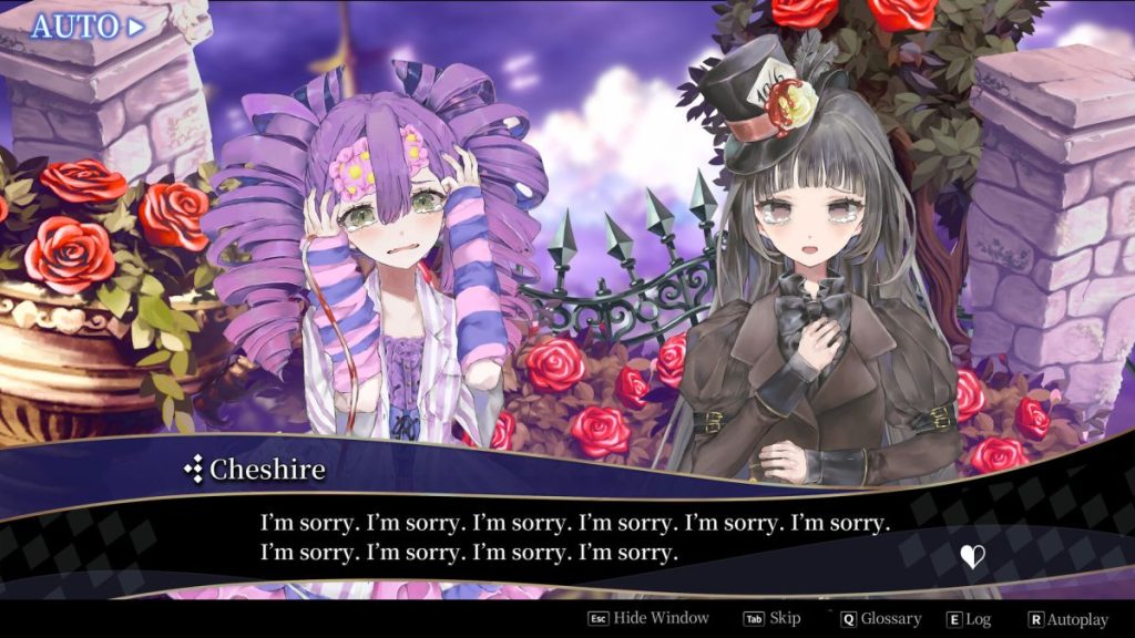 Deux personnages anime, l'un avec des cheveux violets et l'autre en costume sombre, expriment des excuses répétées sur un fond floral.