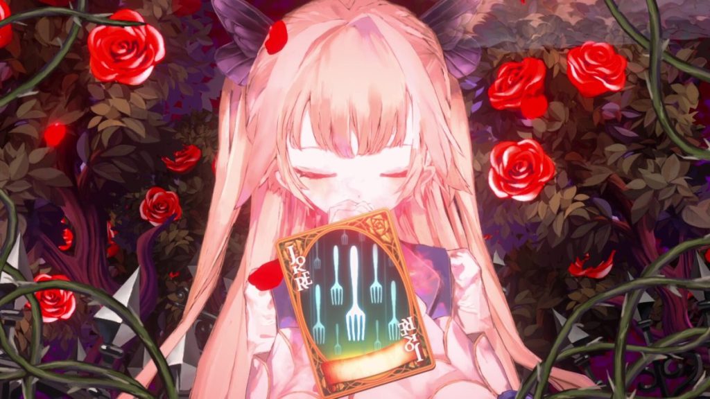 Une jeune fille aux cheveux clairs tient une carte de jeu dans un décor de roses rouges et de ronces, avec une ambiance mystérieuse et surréaliste.