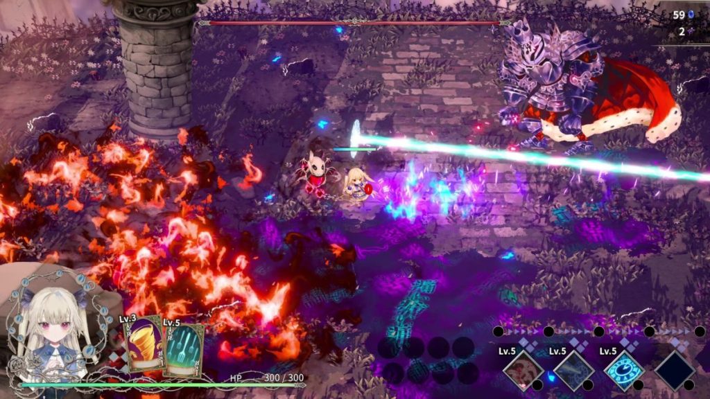 Scène de jeu vidéo avec un personnage en bas à gauche, des ennemis et une explosion de couleurs vives au centre.