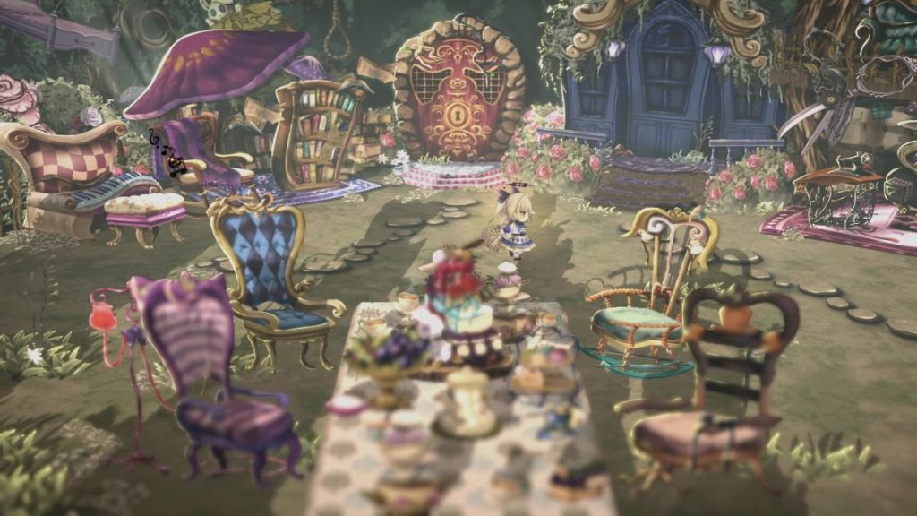 Un jardin féerique avec plusieurs chaises colorées et une table remplie de pâtisseries. Une petite fille se promène parmi les meubles.