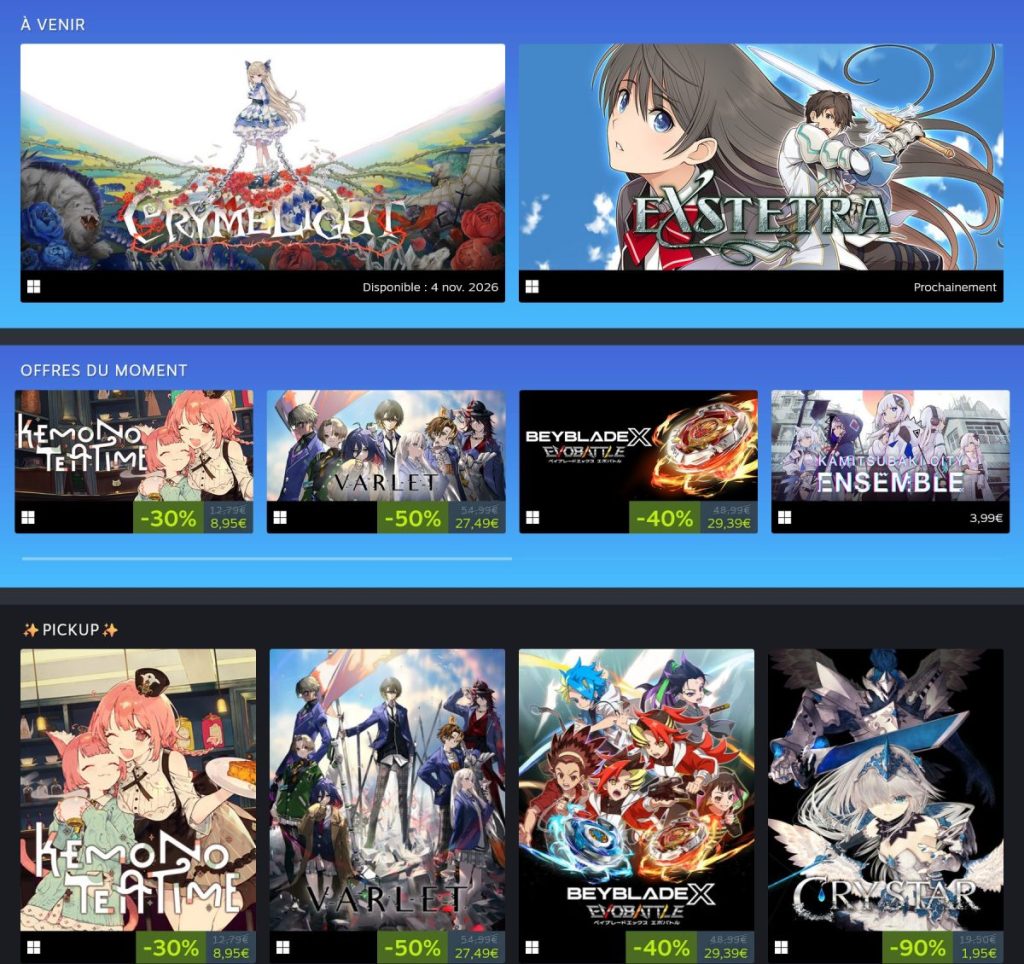 Vitrine de jeux vidéo avec des titres à venir et des offres promotionnelles en cours.