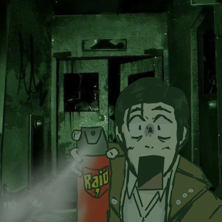 Un personnage de dessin animé tenant un spray insecticide dans un couloir sombre et inquiétant.