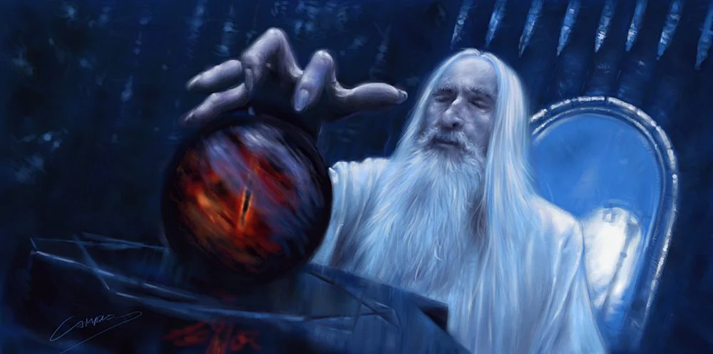 Un vieux mage avec de longs cheveux blancs, tenant une boule mystérieuse qui émet une lumière rouge, dans un environnement sombre et mystique.