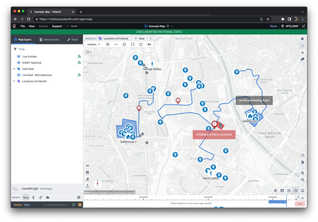 Carte interactive affichant des lieux d'intérêt, incluant des emplacements de refuges et une localisation possible d'attaque.