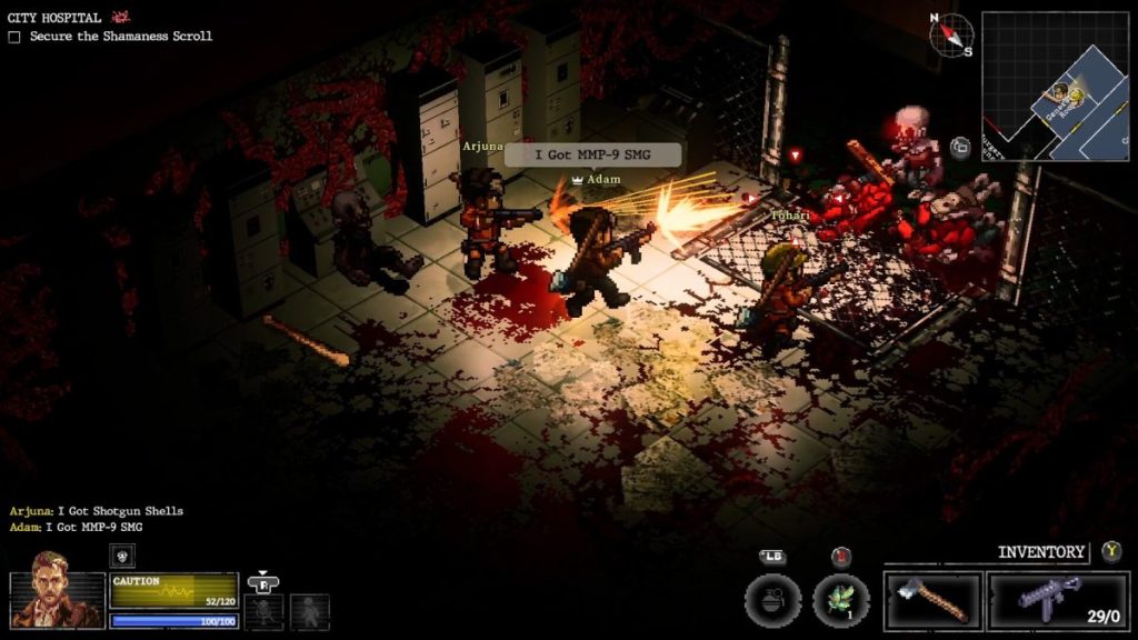 Un groupe de personnages de jeu vidéo armés dans un hôpital sombre, entouré de sang et de blessures. Un personnage tire avec une arme à feu tandis que les autres se préparent à l'attaque.