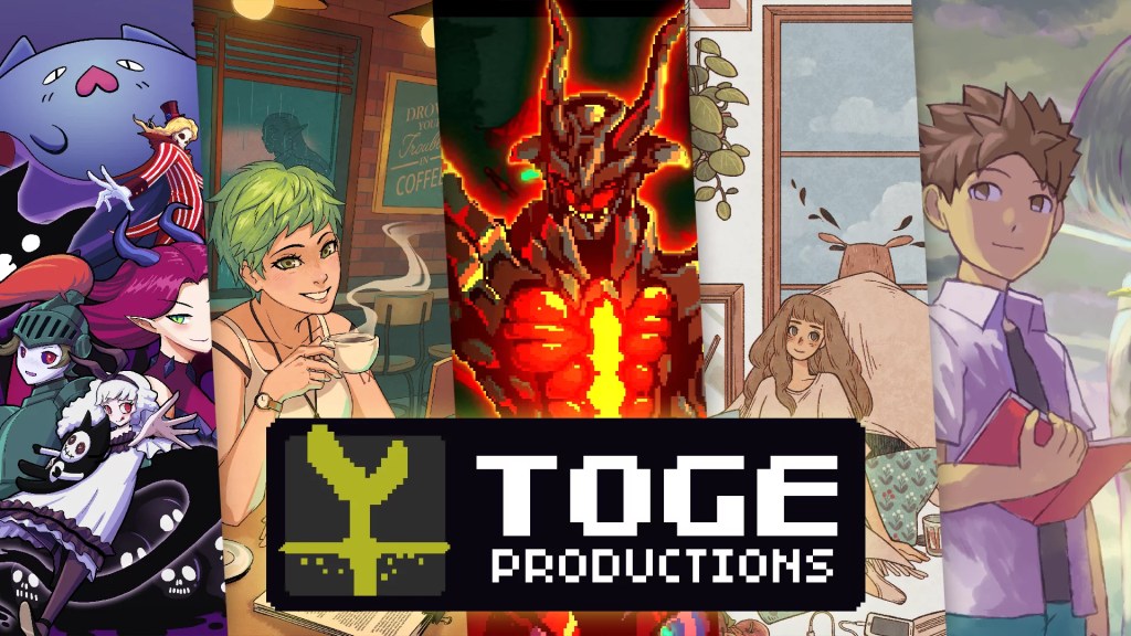 Collage d'illustrations représentant divers personnages de jeux, avec le logo de Toge Productions au centre.