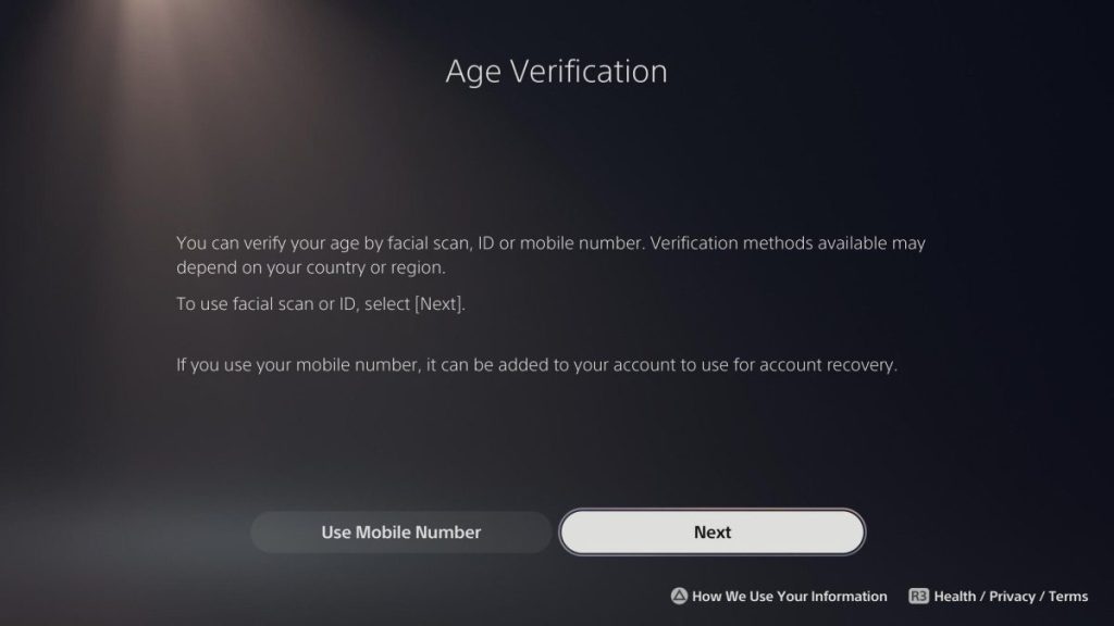 Écran de vérification de l'âge avec des options pour scanner le visage, utiliser une pièce d'identité ou un numéro de mobile.