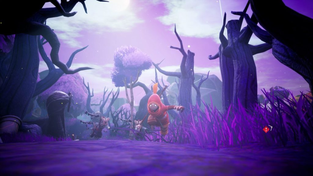 Une scène fantastique dans une forêt sombre avec des arbres dénudés et des buissons violets, où un personnage en rouge court à l'avant-plan, accompagné d'un autre personnage, créant une atmosphère mystérieuse.