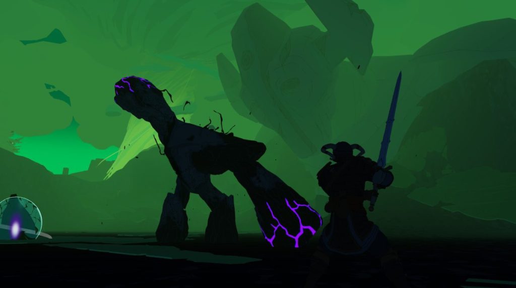 Un personnage en armure brandit une épée face à une créature géante silhouette noire, avec des éclairs violets, dans un environnement verdâtre.
