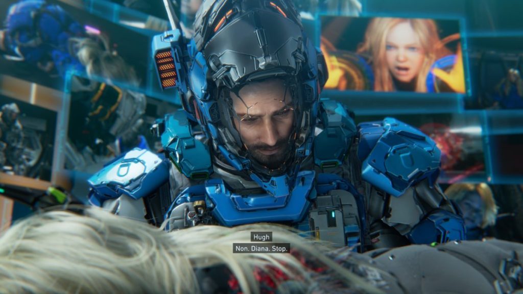 Un personnage en armure futuriste regarde tristement une femme allongée, avec des écrans numériques montrant des visages en arrière-plan. Il dit : 'Non. Diana. Stop.' PRAGMATA relation Hugh et Diana