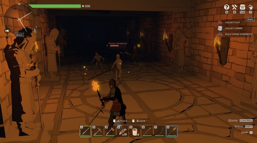Un personnage avec une torche se bat contre un guerrier ghoul dans un couloir sombre, entouré de statues et de torches allumées.