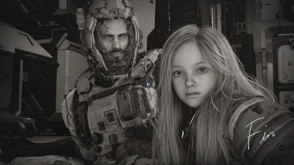 Un homme en armure futuriste et une jeune fille aux longs cheveux blonds, posant ensemble dans un environnement high-tech. PRAGMATA relation Hugh et Diana