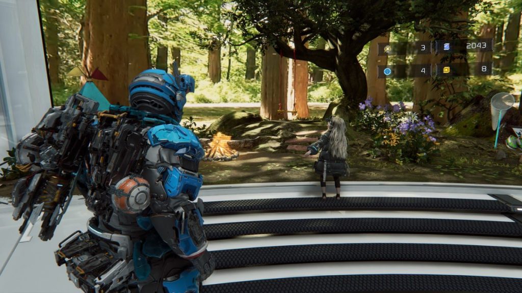 Un personnage en armure futuriste observe un autre personnage plus petit avec des cheveux longs dans un environnement forestier verdoyant, près d'un feu de camp. PRAGMATA relation Hugh et Diana