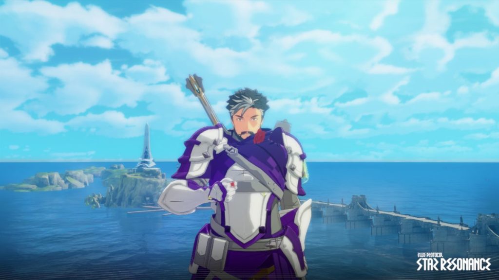 Un personnage en armure violette se tenant devant un paysage maritime avec des îles à l'arrière-plan et un ciel bleu.