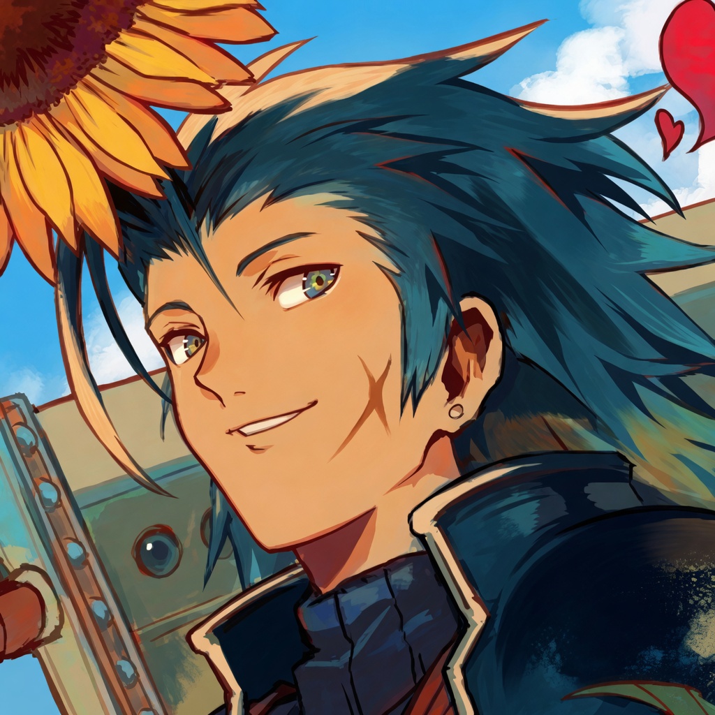 Un personnage aux cheveux bleus et aux yeux verts sourit, entouré d'un tournesol et d'un ciel bleu. Il porte un manteau avec un col.