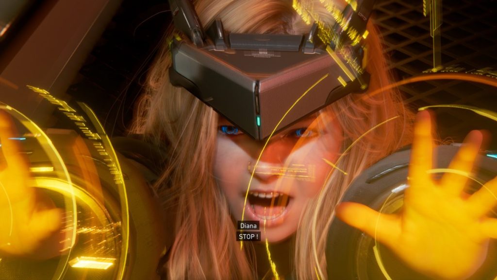 Une personne à l'air intense avec des cheveux blonds, portant un casque technologique, crie 'STOP !' avec des éléments visuels numériques vibrants autour d'elle. PRAGMATA relation Hugh et Diana