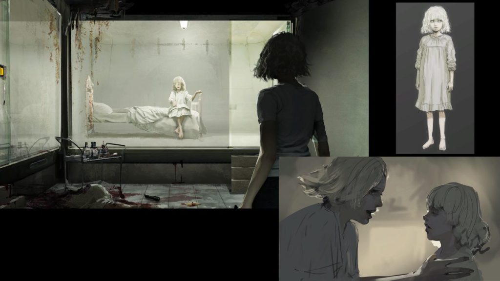 Une scène sombre montrant une fille assise sur un lit dans une pièce isolée, regardant une personne de dos. Des éléments artistiques supplémentaires illustrent la même fille dans différentes poses.