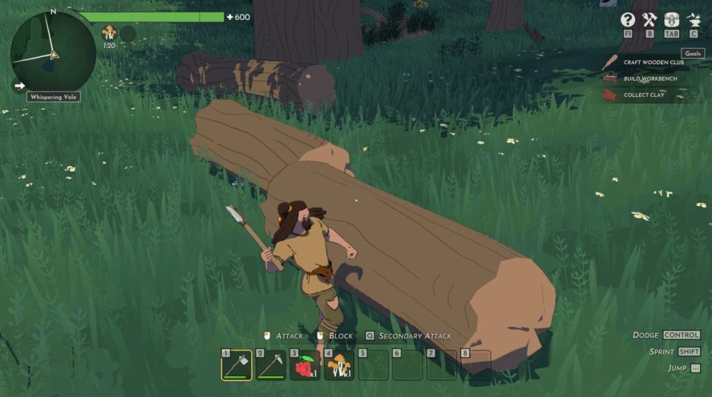Un personnage de jeu vidéo ramasse un tronc d'arbre dans un environnement boisé verdoyant, avec une interface affichant des objectifs et une carte.