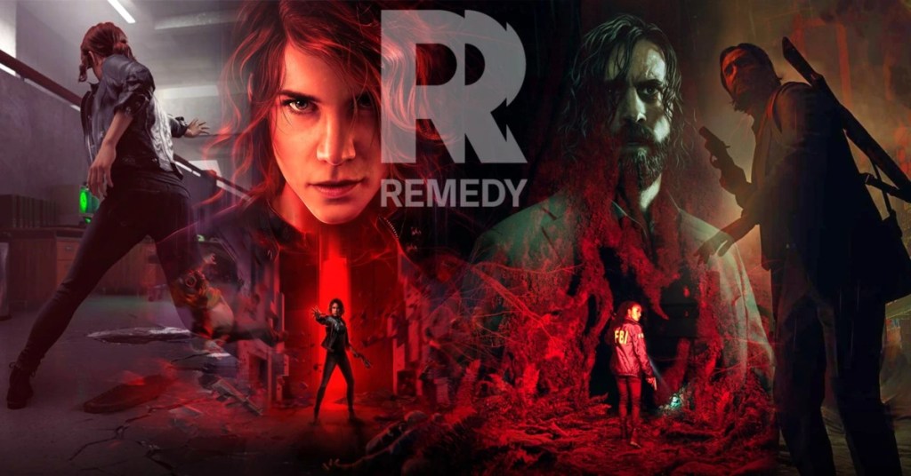Montage d'éléments graphiques de jeux vidéo avec des personnages en action, incluant des scènes sombres et mystérieuses, avec le logo 'REMEDY' au centre.