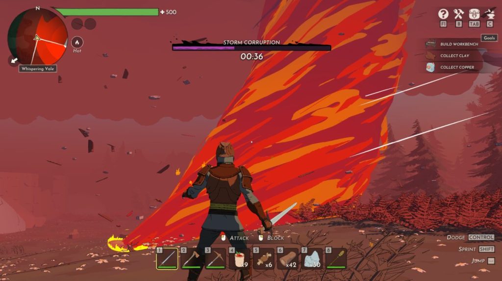 Un personnage de jeu vidéo fait face à un puissant phénomène météorologique coloré, avec des effets de vent et de débris, sous un ciel rougeâtre.