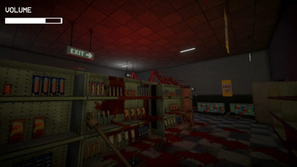 Intérieur d'un magasin sombre avec des étagères désordonnées, du sang sur le sol et une lumière rouge inquiétante. Un panneau 'EXIT' est visible au fond.