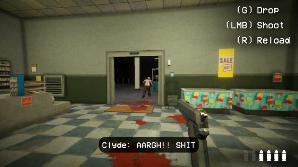 Un intérieur de magasin avec du sang sur le sol et un personnage effrayé à l'entrée, accompagné de commandes de jeu à l'écran.