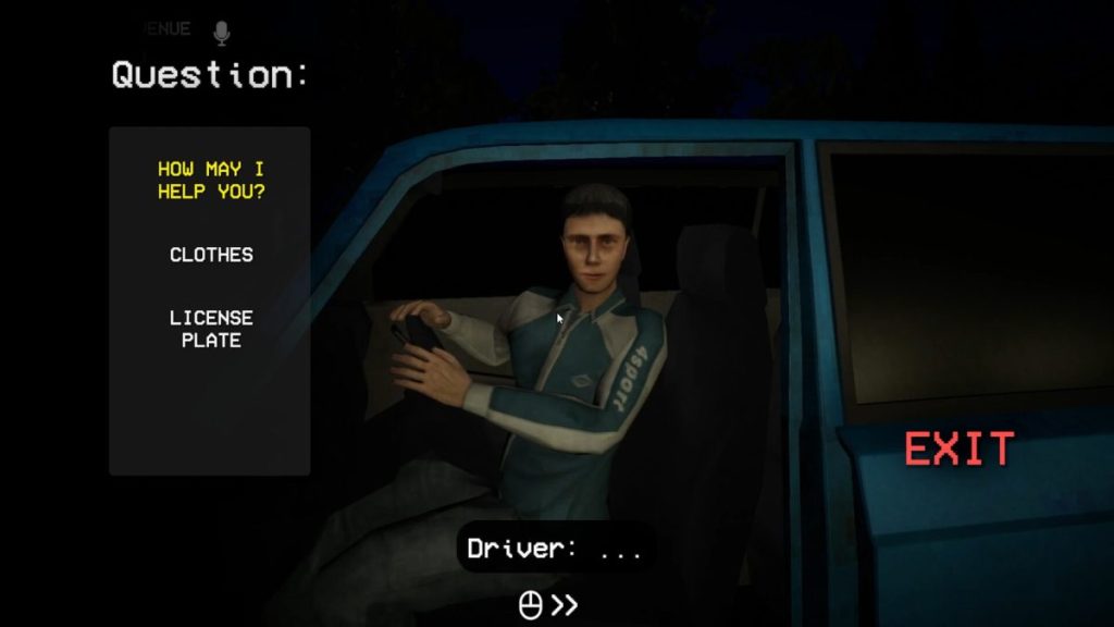 Un homme assis dans une voiture bleue avec un menu à gauche, affichant des options d'aide comme 'Vêtements' et 'Plaque d'immatriculation'.