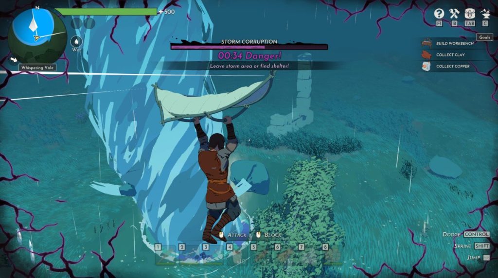 Un personnage de jeu vidéo affrontant une tempête avec un compte à rebours de danger en arrière-plan.