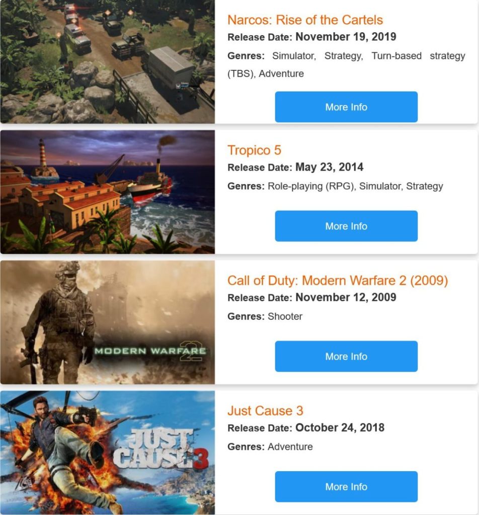 Image de quatre jeux vidéo avec leurs titres, dates de sortie et genres, y compris Narcos: Rise of the Cartels, Tropico 5, Call of Duty: Modern Warfare 2 et Just Cause 3.